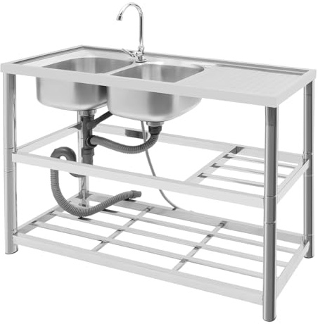 Freistehende Edelstahlspüle mit Wasserhahn, Unterbau, mit Arbeitsplatte und zwei Ablagen, linke Doppelwaschbecken,120x45x80 cm