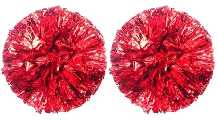 2 Pack Metallic Cheerleading Pom Poms Shining Metallic Foil Fluffy Cheerleader Pompoms Handheld Cheerleader Pompoms with Finger Ring for Sports Party Dance Cheering (Red)