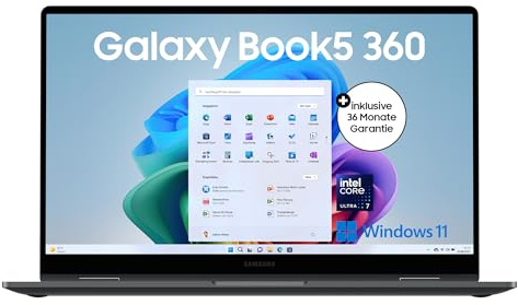 Samsung Galaxy Book5 360 15,6 2-in-1-Laptop, Convertible AI-Notebook mit Intel Core Ultra 7 Prozessor, 16 GB RAM, 512 GB Speicher, Moonstone Gray, 3 Jahre Herstellergarantie [Exklusiv bei Amazon]