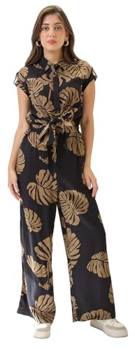 Globus Women's Black Tropical Print Jumpsuit with Shirt Collar Extended Sleeves Cut-Out Waist Tie-Up Detail and Flared Hem