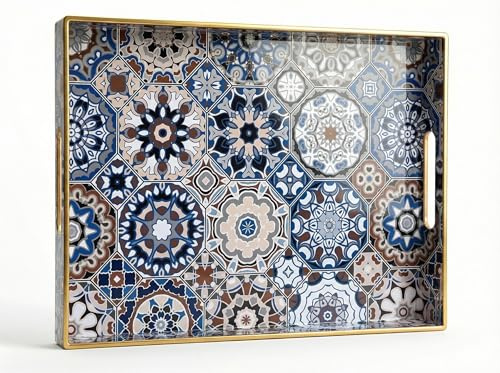 Simmer Stone Rektangulär - Plast Dekorativ Serveringsbricka med Handtag Modern Sminkbricka För Ottoman, Soffbord, Kök Och Badrum 40 cm x 30 cm (Blå Bohemian)