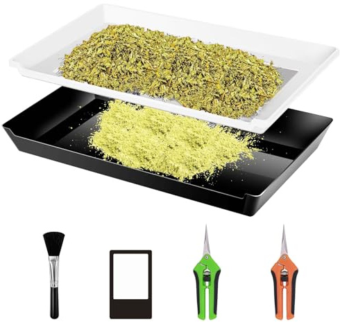 Plateau de Coupe, Bac de Finition avec Zone de Filtre de 15 * 10 Pouces Tamis à Pollen avec Deux Ciseaux Un Carte Grossissante et Un Brosse Accessoires de Culture avec Écran de 150 Microns Pour Herbes