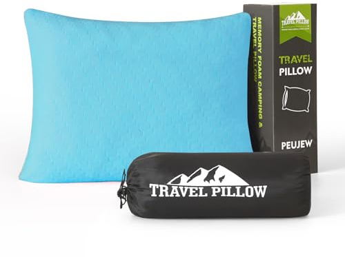 PEUJEW Piccolo cuscino in memory foam triturato, cuscino da campeggio, cuscino da viaggio, comprimibile, medio rigido, copertura traspirante, ideale per escursioni con zaino in spalla, aereo e auto