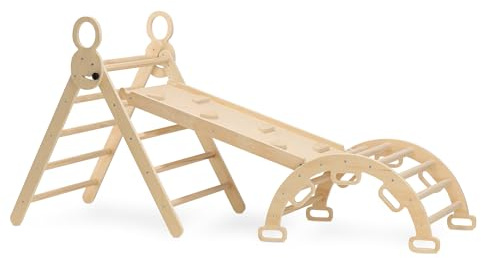 DERYAN Montessori Triángulo de escalada con tobogán y arco de escalada, juguete plegable para interior de madera, triángulo de escalada con rampa, para niños a partir de 1 año, Holt/Naturaleza (Holt)
