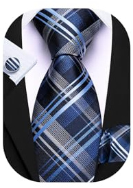 Barry.Wang Mens Blue Tie Silk Tartan Necktie Pocket Square Cufflinks Set Wedding Business
