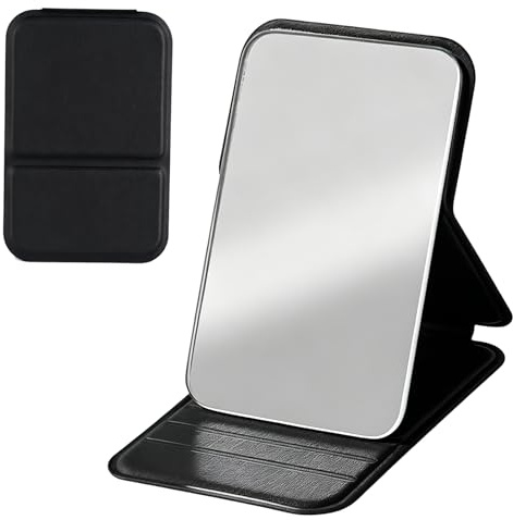 WhaleO Espejos Pequeños, Espejo Portatil 11 * 7CM, Espejo Maquillaje, Espejo de Mesa Portatil, Espejo de Viaje Portátil de Cuero de PU, Super HD Espejo de Maquillaje, Negro