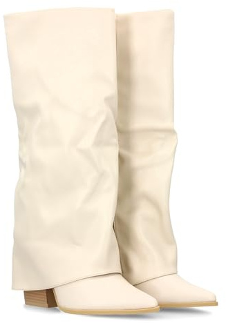 shoes&blues.es Stivale alto da donna con design moderno con finitura effetto rugoso, elegante con punta sottile e tacco basso largo. Ideale per la stagione ottono invernale., beige, 38 EU