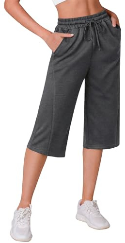 Crewhpo Pantaloni Capri Donna Estivi Pantaloni 3/4 Larghi Elegante Pinocchietti Casual Vita Alta Pantaloni Sportivi Tinta Unita per Yoga Palestra Jogging Fitness Sport Grigio Scuro S