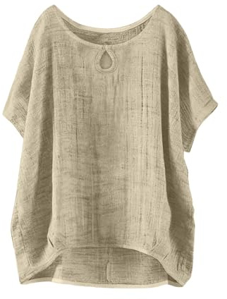 Tops Mujer Verano, Blusas Mujer Verano Holgadas Manga Corta Algodon Y Lino Tops Moda Casual Cómodo Suelto Fina Sólido Camiseta Transpirable Elegante Basic tee Talla Grande Camisetas Caqui 4XL