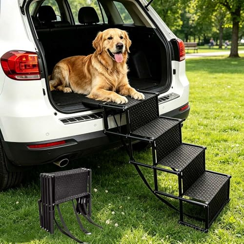 4 Steps Folding Dog Ramp for Cars, Extra Wide Portable Pet Ramp for Dogs and Cats, Non-Slip, Heavy Duty, Suitable for SUVs, Trucks, and Cars