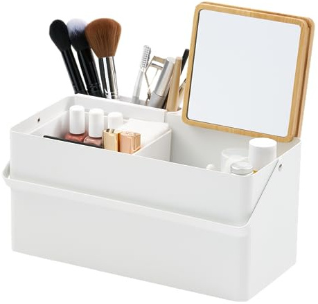 YAMAZAKI Home Tower Large Makeup Organizer Cosmetic Caddy With Handle Vanity Storage Drawer With Lid - Steel + Wood