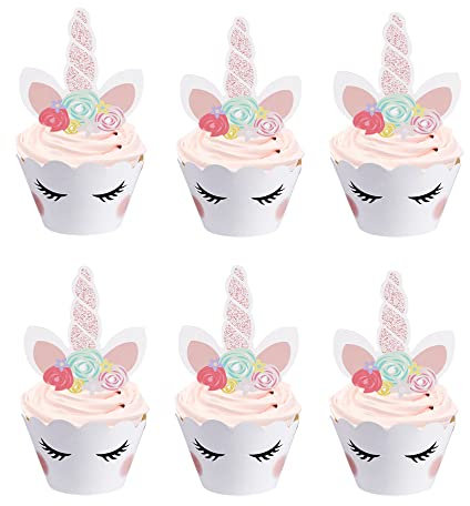 Opret Einhorn Cupcake Toppers 24 Set, Tortendeko Geburtstagsdeko Kuchendeckel Kuchendeko Muffin Deko, Dekoration für Geburtstag Hochzeiten Party