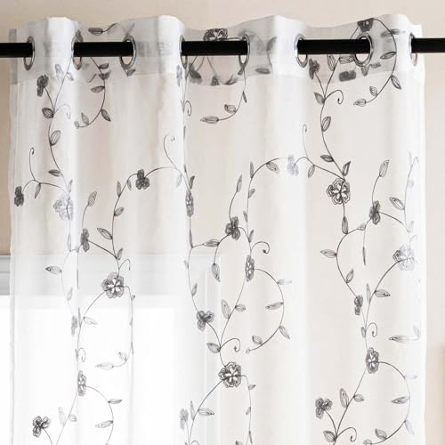 DWCN Embroidery Sheer Curtains Flora Design, 2 Panels 52 W x 63 L White | Net Curtains for Windows Semi Transparent Voile Drapes with Eyelets Window Treatments for Living Room Bedroom