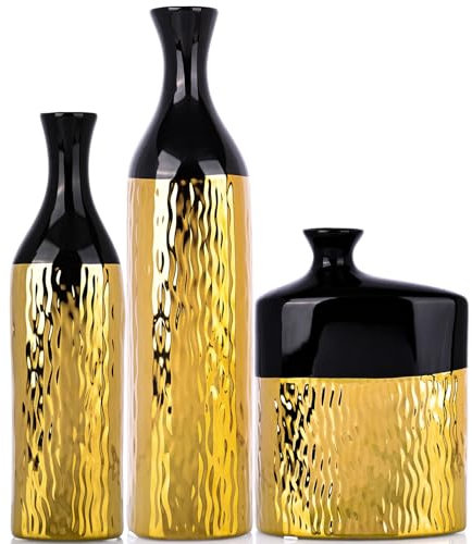 XMGZQ Schwarz Gold Vase,Vasen Set Gold,Schwarz Gold Deko Wohnzimmer,Bodenvase Gold,Vase Gold Groß,Gold Hochzeit Deko,Vase Schwarz Gold,Deko Büro Modern,Couchtisch Deko,Deko Bücherregal,Deko Wohnzimmer