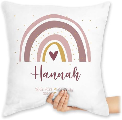 Kissen 40x40 Zierkissen - Geschenk Boho Regenbogen mit Name I Geschenke zur Geburt personalisiert - 40 x 40 cm - Weiß - Geburtsgeschenk￼ personalisierte Babygeschenk Geburtsgeschenk für mädchen