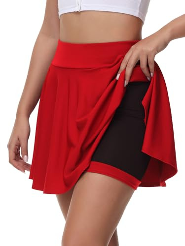 tanzdunsje Jupe Basique pour Femmes et Filles, Jupe Noire, Mini Jupe Patineuse avec Pantalon, Jupe de Tennis Polyvalente Extensible et informelle pour Femmes(XXL,Rouge)