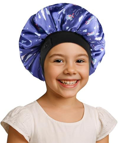 Bonnet Enfant en Satin Douce, Réglable Double Couche pour Filles Garçons | Confortable Bonnet de Couchage en Sois, pour Enfants Cheveux Bouclés Naturelr, Pas Facile de Tomber (Bleu)
