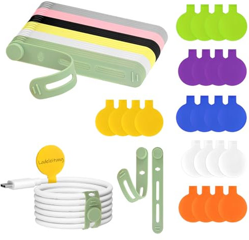 48 Stück Kabelbinder Wiederverschließbar und Kabelbeschriftung Nylon, 24 Silikon Kabelbinder Klettverschluss 24 Kabeletiketten, für TV-Kabel, PC-Kabel und Schreibtischorganisation (Bunt)