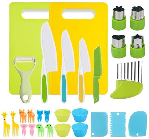 ONEINHE Set di 29 coltelli sicuri per bambini per cucinare veramente, set di coltelli da cucina per bambini, utensili da cucina per bambini con coltelli in plastica, tagliere, tagliere, formine per