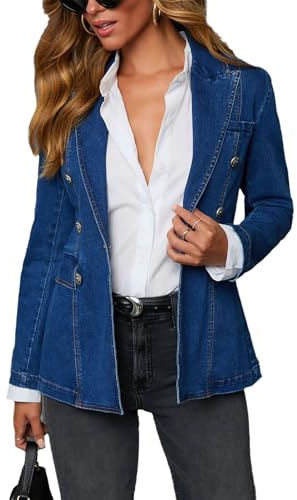 cffvdiz Femmes Notched Lapel Denim Veste Un Bouton Placket Fente Retour Manches Longues Slim Fit Travail Bureau Jean Blazer Jacket