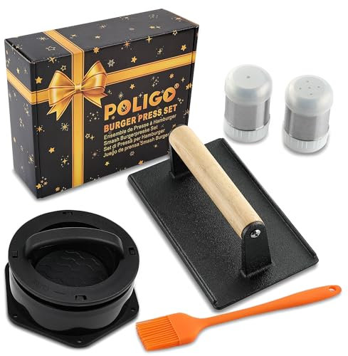POLIGO 5PCS Smash Burger Press Kit - 4 in 1 Hamburger Patty Storage Containers, 7.68X4.1 Cast Iron Smash Bacon Press - Non Stick Smash Burger Press Set for Grill and Griddle Cooking, Rectangle