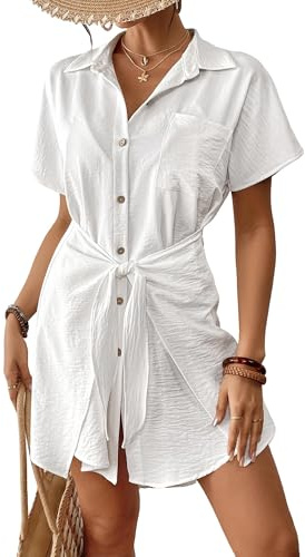 Bsubseach Womens Button Down Beach Cover Up Dress Swimsuit | Stylish Button Down Beach Dress with Tie Waist, Short Sleeves & Breathable Fabric Keep Cool in Summer