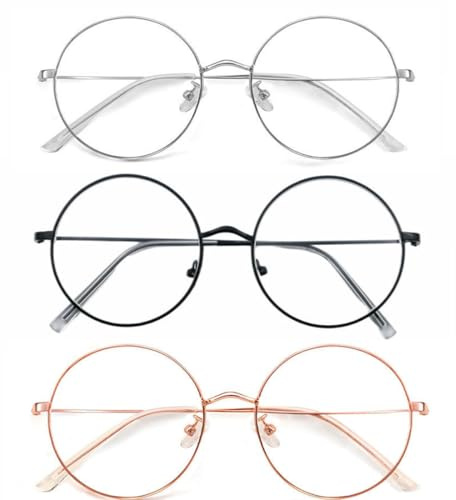 ChAusa 3 Pezzi Occhiali Luce Blu Tondi Blue Light Glasses Occhiali Anti Luce Blu per Uomo e Donna Trasparente Occhiale Rotondi,Ideali per Uso in Scena di Lavoro e Divertiment(Oro Argento e Nero)