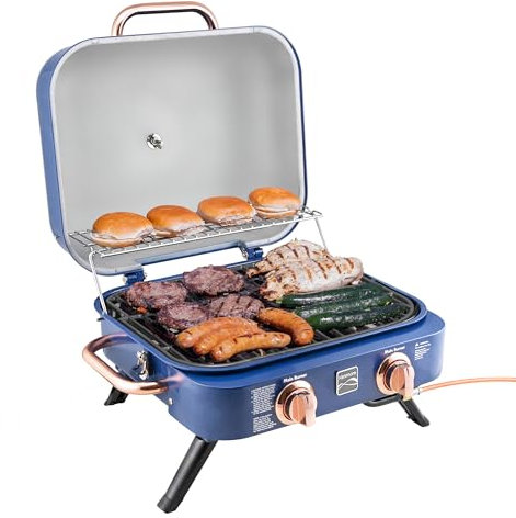 Kenmore Portable Propane Gas Grill - Barbacoa de sobremesa con rejilla para calentar - 2 quemadores de acero inoxidable con (4,1 kW) - para cocina exterior - camping (Cobre Marino)