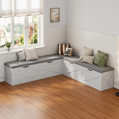Mekminop Kitchen Breakfast Nook Bench with Cushions, L Shape Corner Storage Bench, Wood Flip-Top Dining Benches with Hidden Storage, for Reading Nook, Entryway, Cloakroom, White + Grey