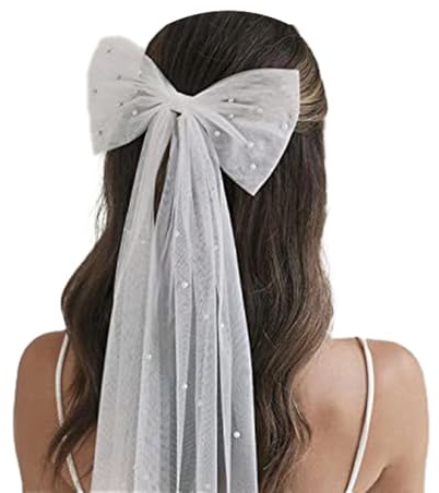 Bridal Hair Bow Veil with Pearl, Bridal Bow Veil with Barrette Princess Hairpin Accessory Bridesmaid Supplies Bridesmaid Favors for Bachelorette Party Shower Hen Night for Women and Girls (White)