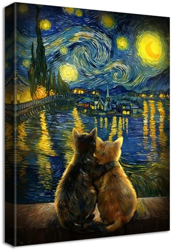 Divertido Gato Negro Abrazado Marco de Madera Cuadro Moderno Noche Estrellada Sobre el Ródano Lienzo Decorativos Pintura Imagen Van Gogh Cuadros Decoracion Salon Dormitorios Pasillo 30cmx40cm