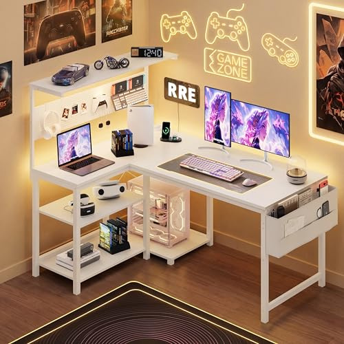 YOUDENOVA Scrivania Gaming a Forma di L, Tavolo Gaming con LED, Presa e USB, Scrivania ad Angolo Reversibile con Ripiano, 120x80cm Tavolo Computer con Portaoggetti per Home Office e Gamer, Bianco