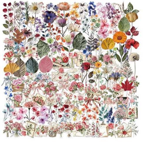 SOLVIO 300 Pcs Floral Scrapbook Stickers, Vintage Flower Stickers for Adults, Waterproof Decorative Stickers for Scrapbooking Supplies, Journal, Laptop, Water Bottles and DIY Crafts