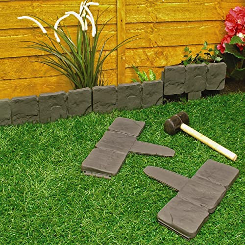 2.4m Cobble Stone Effect Lawn Edging – Easy to Install Hammer In Weatherproof Plastic Outdoor Garden Border Flower Bed Edge Staked Fence Strips – 10 Piece, Each Measure W24 x H10cm