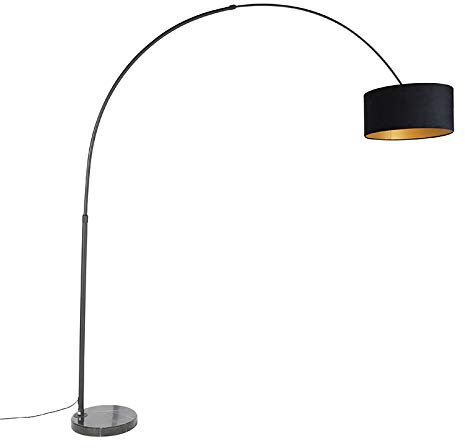 Qazqa Moderno Lámpara de arco negra pantalla terciopelo negro/oro 50cm - XXL Acero/Mármol/Textil Alargada/Cilíndra/Redonda Adecuado para LED Max. 1 x 60 Watt