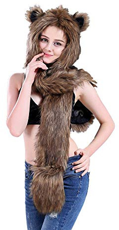 Ulalaza 3-in-1-Funktion Kunstfell-Tiermütze, Kapuze mit Schals, Fäustlingen, Pfoten, Ohren, warme Wintermütze für Damen und Mädchen, Cosplay, Braun, Einheitsgröße