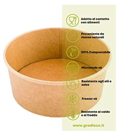 GRADISCO 50 Pezzi - Coppa Insalata Monouso Ecologica Ciotolla Rotonda1000 ml. Vaschetta compostabile di Cartone Kraft con Rivestimento Interno in PLA. 50 Scodelle da Asporto