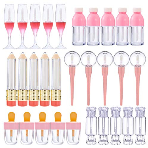 30 Pcs Cute Empty Lip Gloss Tubes,Vankcp 6 Styles Lip Glaze Tubes Novelty Red Wine Glass Lip Oil Bottles Ice-Cream Shaped Empty Lip,Refillable Lip Balm Containers for Women Girls DIY(5/8/10ML)