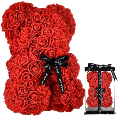 NLIGHTING Orsetto di Rose con Scatola Regalo, Palloncino e Biglietto – Rose Artificiali Morbide che Non Appassiscono, Idea Regalo per Lei, Matrimonio, Anniversario, Compleanno