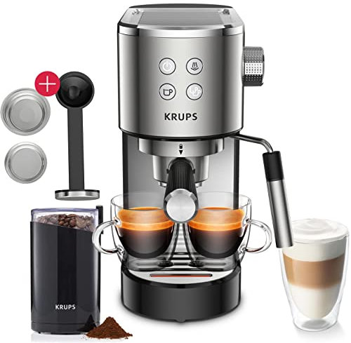 Krups Virtuso Máquina portafiltros Espresso de 15 bar, ganador de la prueba Stiftung Warentest + molinillo de café F20342 + Tamper, con boquilla de espuma de leche profesional, apagado automático de