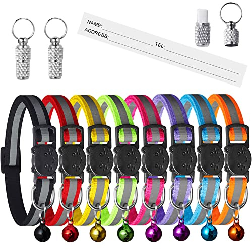 Extodry 8 Stück Reflektierende Katzenhalsband mit 2 Stück Namen Adresse Tags Set, Halsband Katze mit Sicherheitsverschluss,Verstellbar Kitten Halsband(6''-9''),Personalisiert Haustierzubehör