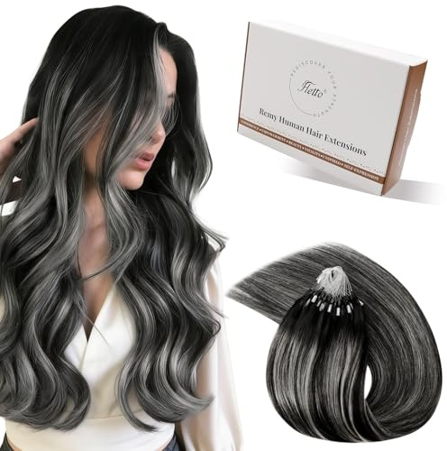 Hetto Extensions Echthaar Microring Balayage Schwarz & Silber 50cm 50g - Wiederverwendbare Echthaar Extensions mit Micro Rings, Perfekt für Natürliches Aussehen und Professionelle Anwendung 1b/s/1b