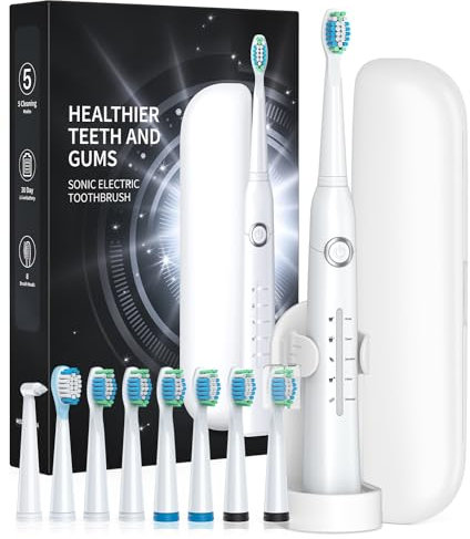 Elektrische Zahnbürste für Erwachsene mit Reiseetui, elektrische elektrische Zahnbürste mit 8 Bürstenköpfen, 40.000 VPM Tiefenreinigung 5 Modi (3-Weiß, with travel case)