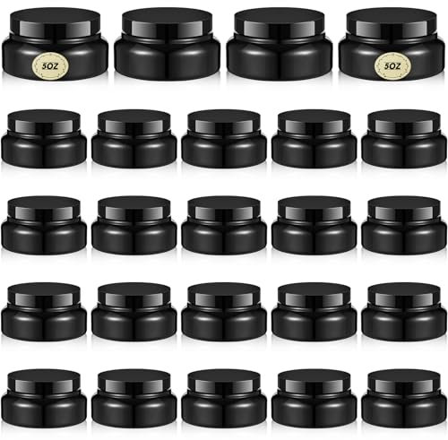24 Pack Plastic Cosmetic Jars with Lids Label, 5 oz, Black