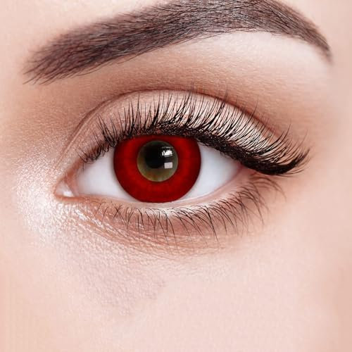 BEAUYWL Farbige Kontaktlinsen ohne Stärke, weiß schwarz rot blau grün gelb Farblinsen für Karneval Fasching Motto Party Anime Halloween Cosplay, Jahreslinsen 2 Stück (rot)