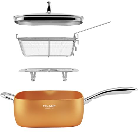 FELAMP 11-Inch Ceramic Nonstick Deep Square Frying Pan Set with Glass Lid, Stainless Steel Fry Basket & Steamer Rack, Induction Compatible, Oven &Dishwasher Safe, 4-Piece Copper Pan Chef Cookware Set