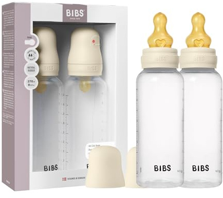 BIBS Baby Bottle 270 ml Natural Rubber Latex Nipple 2 Pack - Anti-Colic, BPA-Free, Round Nipple, Medium Flow, Lightweight & Easy to Clean, Suitable for Newborns 0+ Years - Ivory