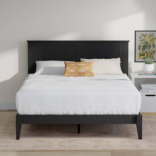 ComfIQ Solid Wood Platform Bed with Wooden Slats – Durable Frame, No Box Spring Required, Ample Underbed Storage, Black, Queen, Bed and Chevron Headboard