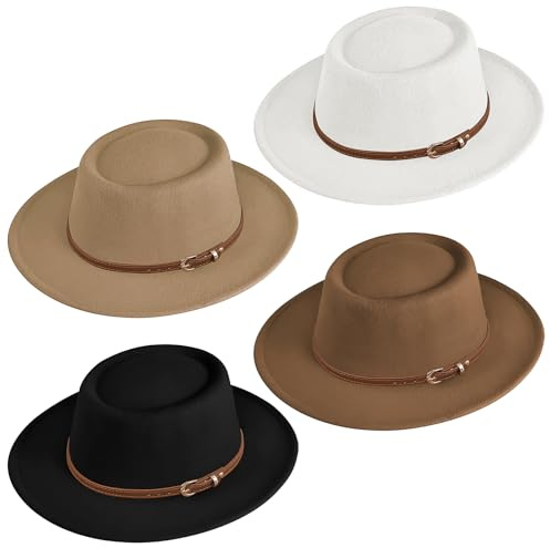 4 Pack Wide Brim Fedora Hat for Women, Felt Wool Fedora Hats Panama Boho Jazz Hat with Belt Buckle for Church Party Travel Wedding
