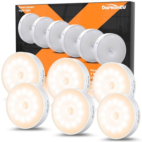 Luci con sensore di movimento per interni, confezione da 6 luci wireless ricaricabili USB per armadietti, luci notturne da parete, funzionamento a batteria, per scale, guardaroba, corridoi, armadi
